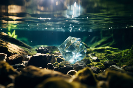 Precious diamond underwater. sunlight, crystal on natural background, side view, selective focusの素材