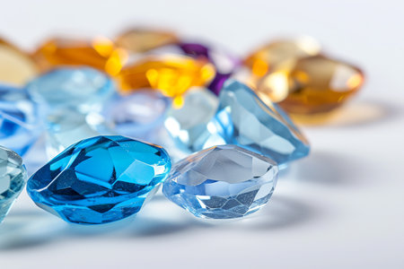 Precious blue and orange topaz crystals on white background, side view, selective focusの素材