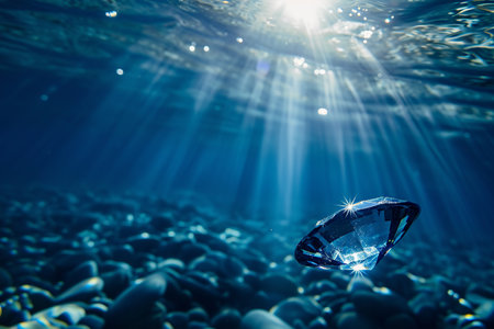 Precious blue sapphire underwater. sunlight, crystal on natural background, side view, selective focusの素材