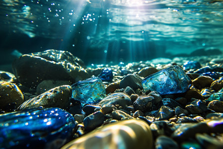 Precious blue sapphire underwater. sunlight, crystal on natural background, side view, selective focusの素材