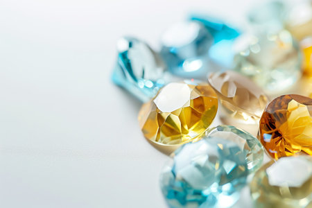 Precious blue and orange topaz crystals on white background, side view, selective focusの素材