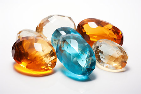 Precious blue and orange topaz crystals on white background, side view, selective focusの素材