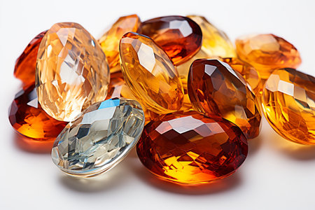 Precious orange topaz crystals on white background, side view, selective focusの素材