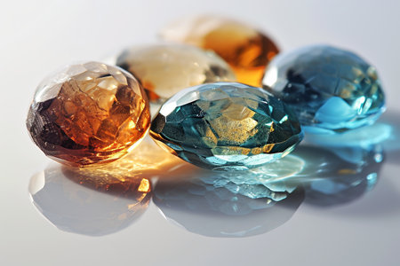 Precious blue and orange topaz crystals on white background, side view, selective focusの素材