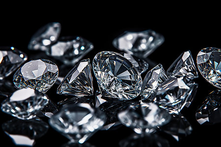 Precious diamond crystals on black background, side view, selective focusの素材