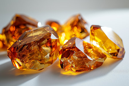 Precious orange topaz crystals on white background, side view, selective focusの素材