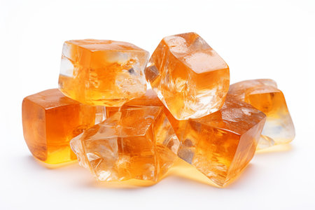 Precious orange topaz crystals on white background, side view, selective focusの素材