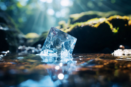 Precious blue sapphire underwater. sunlight, crystal on natural background, side view, selective focusの素材