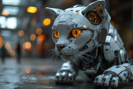 Portrait of a white and gray broken cybernetic cat, close up, future pet conceptの素材