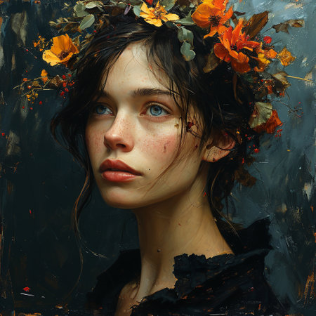 portrait of a young caucasian black hair woman with wreath of orange flowers, blue background, oil paintingの素材