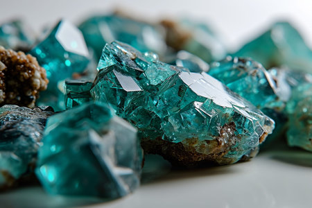 Precious raw green emerald crystals on white background, side view, selective focusの素材