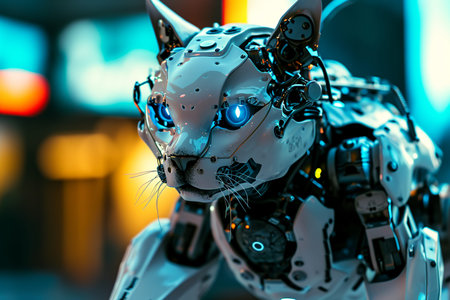Portrait of a white and blue cybernetic cat, close up, future pet conceptの素材