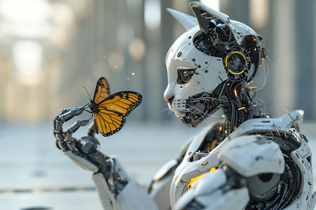 Portrait of a white and gray cybernetic cat playing with butterfly, close up, future pet concept, interior backgroundの素材
