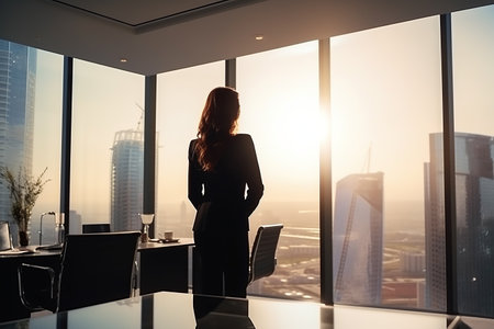 Business woman in suit in office looking at modern city with skyscrapers through panoramic window, success, wealth concept. sunsetの素材