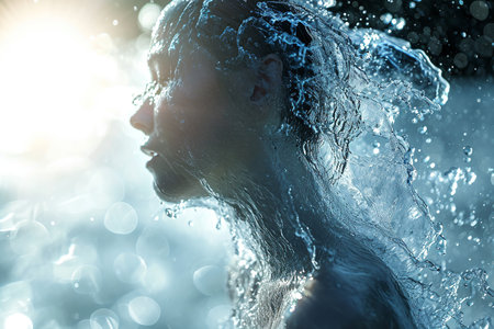 Athletic female figure surrounded by splashes of water, concept of variability, energy, endurance, freshness, freedom, cleanliness.の素材