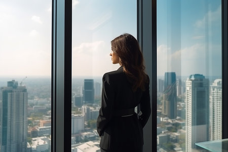 Business woman in suit in office looking at modern city with skyscrapers through panoramic window, success, wealth concept.の素材