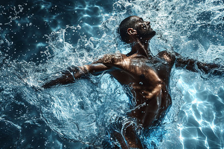 Athletic male figure surrounded by water, concept of strength, energy, endurance, freshness, freedom, cleanlinessの素材