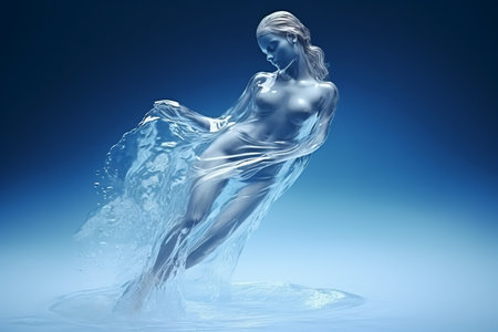 Athletic female figure surrounded by splashes of water, concept of variability, energy, endurance, freshness, freedom, cleanliness. on blue background, underwaterの素材