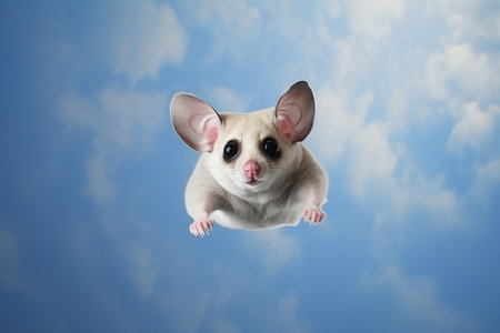 portrait of a cute sugar glider, flying squirrel, blue sky background, close upの素材