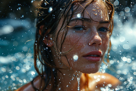 Athletic female figure surrounded by splashes of water, close up portrait, concept of variability, energy, endurance, freshness, freedom, cleanliness.の素材