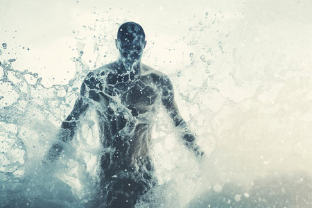 Athletic male figure surrounded by splashes of water, concept of strength, energy, endurance, freshness, freedom, cleanlinessの素材