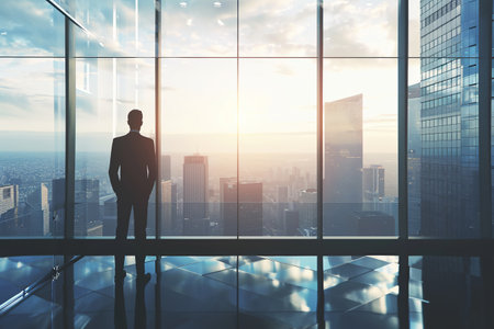 Business man in suit in office looking at modern city with skyscrapers through panoramic window, sunrise, success, wealth concept.の素材