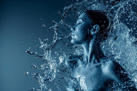 Athletic female figure surrounded by splashes of water, concept of variability, energy, endurance, freshness, freedom, cleanliness.の素材