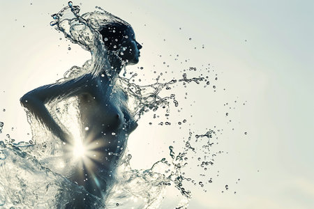 Athletic female figure surrounded by splashes of water, concept of variability, energy, endurance, freshness, freedom, cleanliness. on whiteの素材