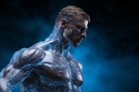 Athletic muscular male figure surrounded by splashes of water, concept of strength, energy, endurance, freshness, freedom, cleanlinessの素材