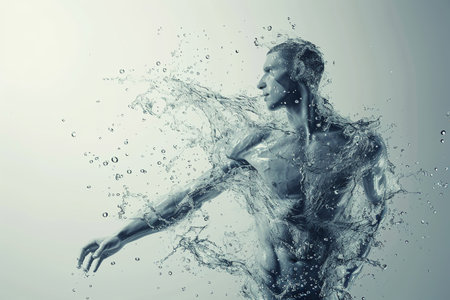 Athletic male figure surrounded by splashes of water, concept of strength, energy, endurance, freshness, freedom, cleanlinessの素材