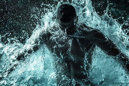 Athletic male figure surrounded by water, concept of strength, energy, endurance, freshness, freedom, cleanlinessの素材