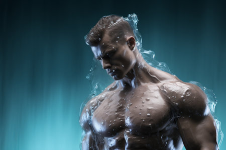 Athletic muscular male figure surrounded by splashes of water, concept of strength, energy, endurance, freshness, freedom, cleanlinessの素材