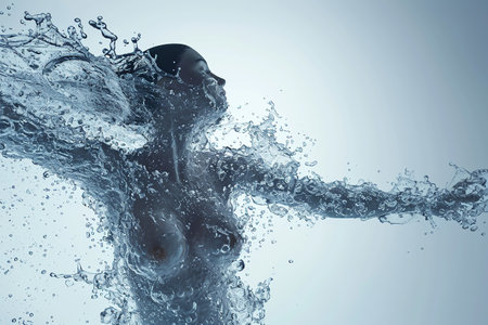 Athletic female figure surrounded by splashes of water, concept of variability, energy, endurance, freshness, freedom, cleanliness. on whiteの素材