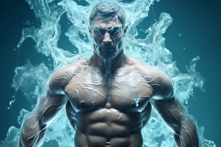 Athletic muscular male figure surrounded by splashes of water, concept of strength, energy, endurance, freshness, freedom, cleanlinessの素材