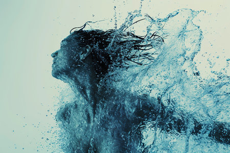 Athletic female figure surrounded by splashes of water, concept of variability, energy, endurance, freshness, freedom, cleanliness. on whiteの素材