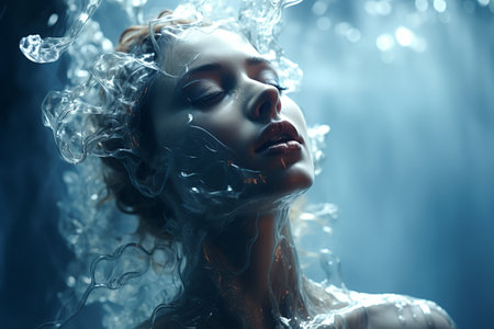 Athletic female figure surrounded by splashes of water, close up portrait, concept of variability, energy, endurance, freshness, freedom, cleanliness.の素材