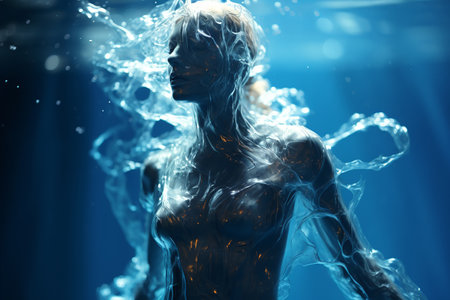 Athletic female figure surrounded by splashes of water, concept of variability, energy, endurance, freshness, freedom, cleanliness. on blue background, underwaterの素材