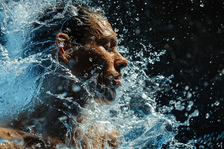 Athletic male figure surrounded by water, close up portrait, concept of strength, energy, endurance, freshness, freedom, cleanlinessの素材