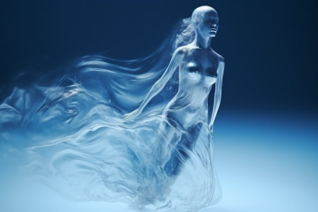 Athletic female figure surrounded by splashes of water, concept of variability, energy, endurance, freshness, freedom, cleanliness. on blue background, underwaterの素材