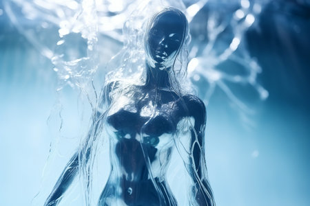 Athletic female figure surrounded by splashes of water, concept of variability, energy, endurance, freshness, freedom, cleanliness. on blue background, underwaterの素材