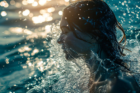 Athletic female figure surrounded by splashes of water with sunlight, concept of variability, energy, endurance, freshness, freedom, cleanliness. on whiteの素材