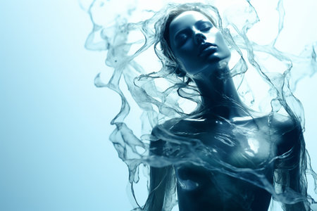 Athletic female figure surrounded by splashes of water, concept of variability, energy, endurance, freshness, freedom, cleanliness. on blue background, underwaterの素材