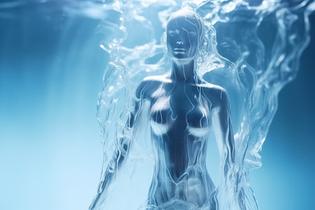 Athletic female figure surrounded by splashes of water, concept of variability, energy, endurance, freshness, freedom, cleanliness. on blue background, underwaterの素材