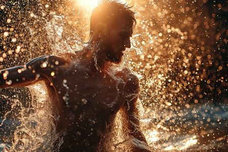 Athletic male figure surrounded by splashes of water with sunlight, concept of strength, energy, endurance, freshness, freedom, cleanlinessの素材