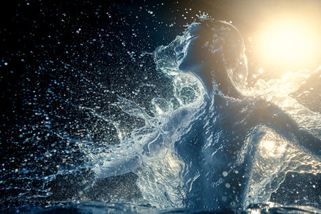 Athletic female figure surrounded by splashes of water with sunlight, concept of variability, energy, endurance, freshness, freedom, cleanliness. on whiteの素材