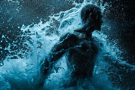 Athletic male figure surrounded by splashes of water, concept of strength, energy, endurance, freshness, freedom, cleanlinessの素材
