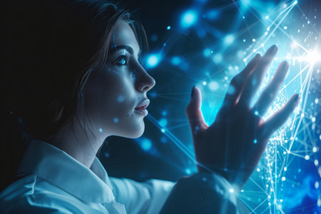 woman touching the screen of futuristic computer, in the style of sci-fi realism, dark blue light, chromatic wavesの素材