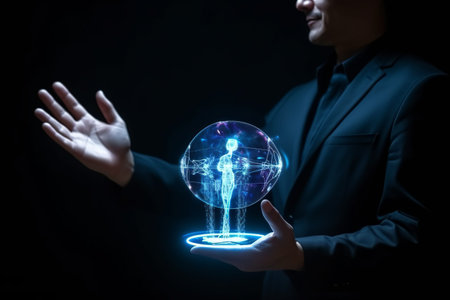 man demonstrates a holographic sphere presentation of modern biotechnology, innovation, medicine, scienceの素材