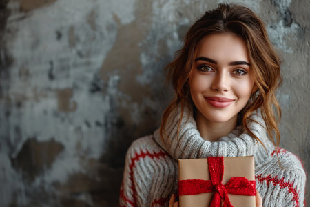 happy handsome caucasian woman holds red and pink gift box, valentine's day, eclectic style, gray backgroundの素材