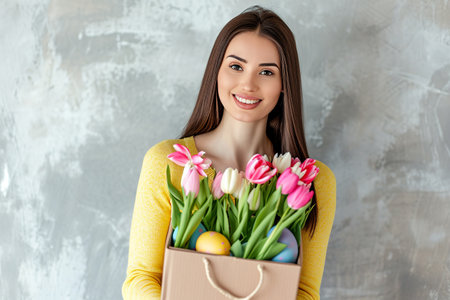 happy caucasian woman holds a colorful box with easter flowers, eclectic style, gray backgroundの素材